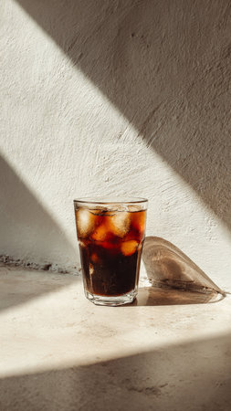 A glass of cola with ice cubes on a concrete table in sunlightの写真素材