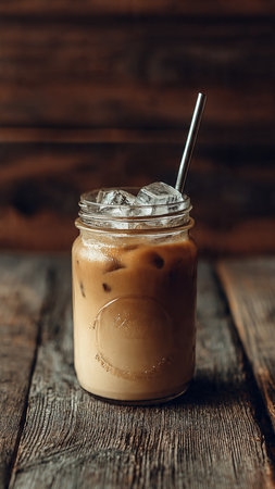 Iced coffee with ice cubes in a glass jar on wooden backgroundの写真素材