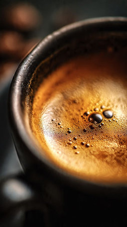 Coffee cup and coffee beans on dark background, close upの写真素材