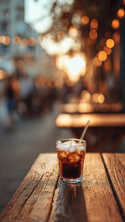 Glass of cola with ice cubes on a wooden table in a cafeの写真素材