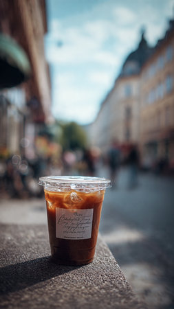 Iced coffee in a plastic cup on the street in Prague, Czech Republicの写真素材