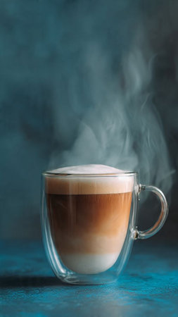 Cappuccino in a glass cup with smoke on a blue backgroundの写真素材