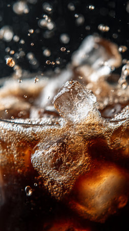 cola with ice cubes on a dark background, close-upの写真素材