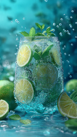 Mojito cocktail with lime, mint and ice on blue backgroundの写真素材
