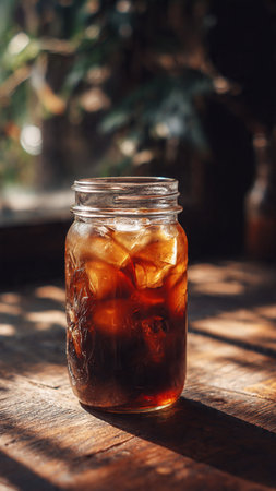 Iced cola in a glass jar on a wooden table.の写真素材