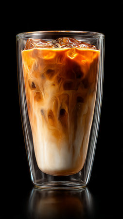 Ice coffee in a glass on a black background, close-upの写真素材