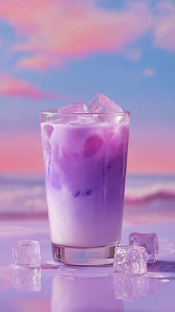 A glass of purple milk with ice cubes on a pink background.の写真素材