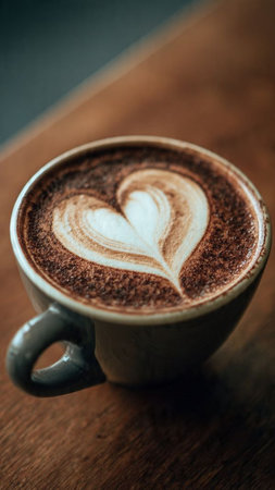 Coffee cup with heart shape latte art on wooden tableの写真素材