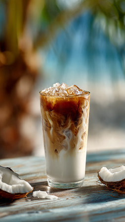 Iced coffee with milk on a blue wooden table.の写真素材
