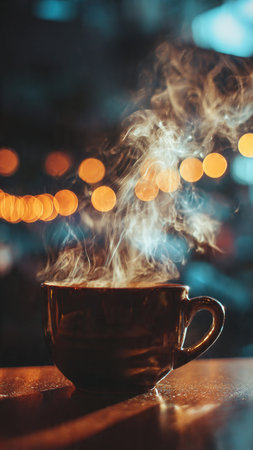 Cup of hot coffee on the table in cafe with bokeh backgroundの写真素材