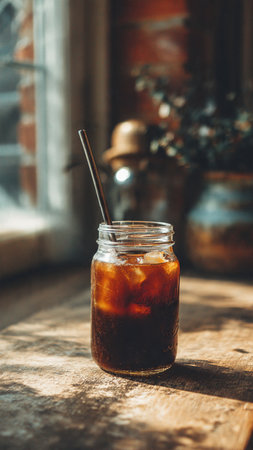 Iced coffee in a glass jar on a rustic wooden tableの写真素材