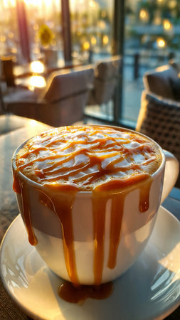 Cappuccino with caramel in a white cup on the tableの写真素材