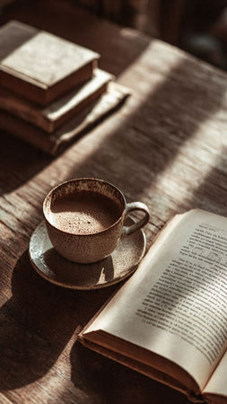Cup of coffee and book on wooden table in morning light.の写真素材