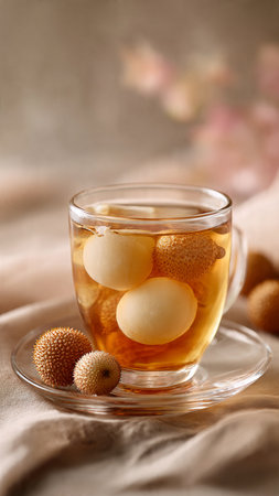 Cup of tea with litchi on table, closeupの写真素材