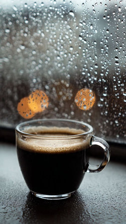 Coffee in a glass cup on the windowsill with rain dropsの写真素材