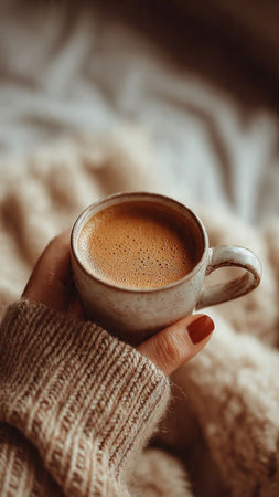 Female hands in warm sweater holding cup of coffee. Cozy winter concept.の写真素材