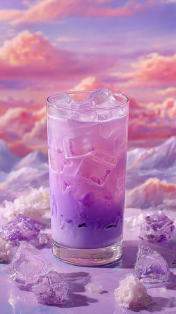 A glass of purple cocktail with ice cubes on a purple background.の写真素材