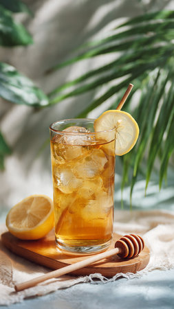 Glass of iced tea with lemon and honey on a light backgroundの写真素材