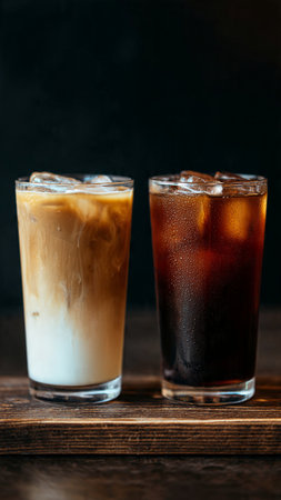 Iced coffee with ice cubes in glass on wooden table, black backgroundの写真素材