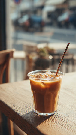 Iced coffee in a glass on a wooden table in a cafe