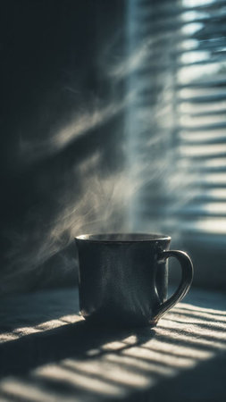 Cup of coffee with smoke on a wooden table in the morningの写真素材