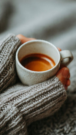 Female hands in warm knitted sweater holding cup of coffee, closeupの写真素材