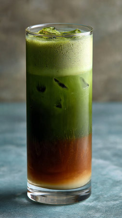 Iced green tea latte in a tall glass with ice cubesの写真素材