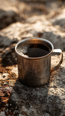 Cup of coffee on a stone in the mountains. Selective focus.の写真素材