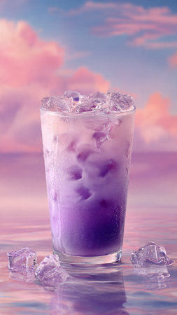 A glass of purple cocktail with ice cubes on a pink background.の写真素材