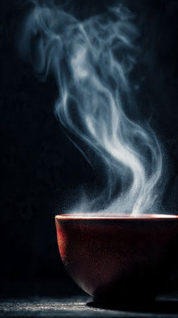 Smoke coming out of a bowl on a dark background. Toned.の写真素材