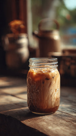 Iced coffee in a glass jar on a wooden table. Selective focus.の写真素材