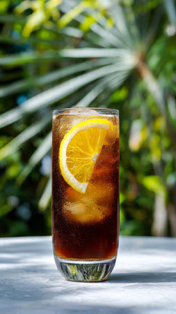 Glass of cola with lemon on the table in the garden.の写真素材