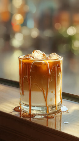Iced coffee with caramel in a glass on a wooden table.