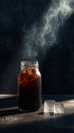Glass jar of cola with ice cubes on a dark background.の写真素材
