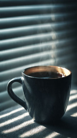 A cup of coffee in front of a window with blinds.の写真素材