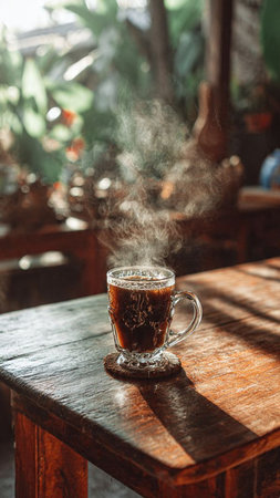 Cup of coffee with steam on wooden table in coffee shop.