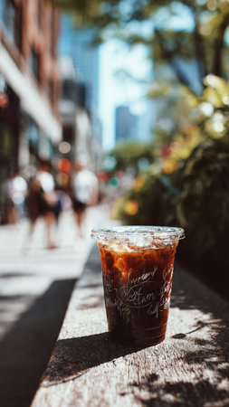 Iced coffee on the street in New York City, USA.の写真素材