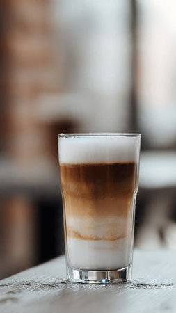 Coffee in a glass on a wooden table, selective focusの写真素材