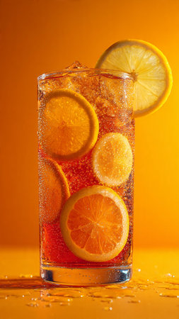 Cocktail with lemon and ice on orange background, close up