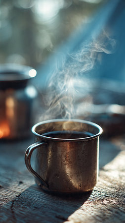 Cup of hot coffee on a wooden table with a burning fire in the backgroundの写真素材