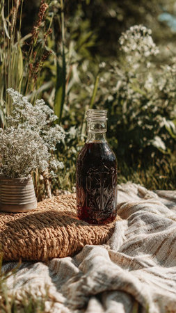 Aromatherapy oil in a glass bottle on a background of natureの写真素材