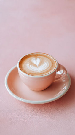 Cup of coffee latte art on pink background, stock photo