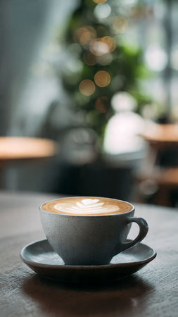 Coffee cup on wooden table in coffee shop, stock photoの写真素材