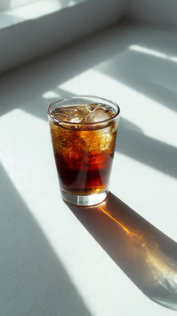 Cola with ice cubes in a glass on a white background with shadow