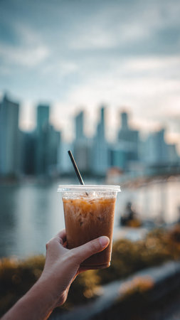 Iced coffee in a takeaway cup in hand with cityscape backgroundの写真素材
