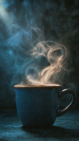 Cup of hot coffee with smoke on dark background, close upの写真素材