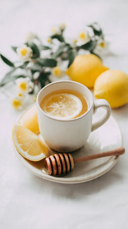 Cup of tea with lemon and honey on a white background.の写真素材