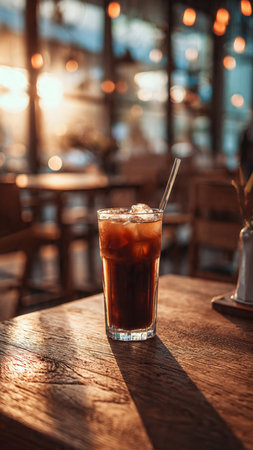 A glass of cola with ice on a wooden table in a cafe