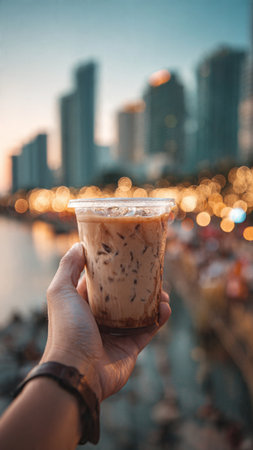 Iced coffee in hand on blurred city background with bokehの写真素材