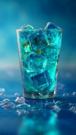 Cocktail in a glass on a blue background with ice cubesの写真素材